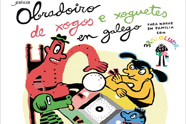 Detalle del cartel del Obradoiro de juegos y juguetes en gallego