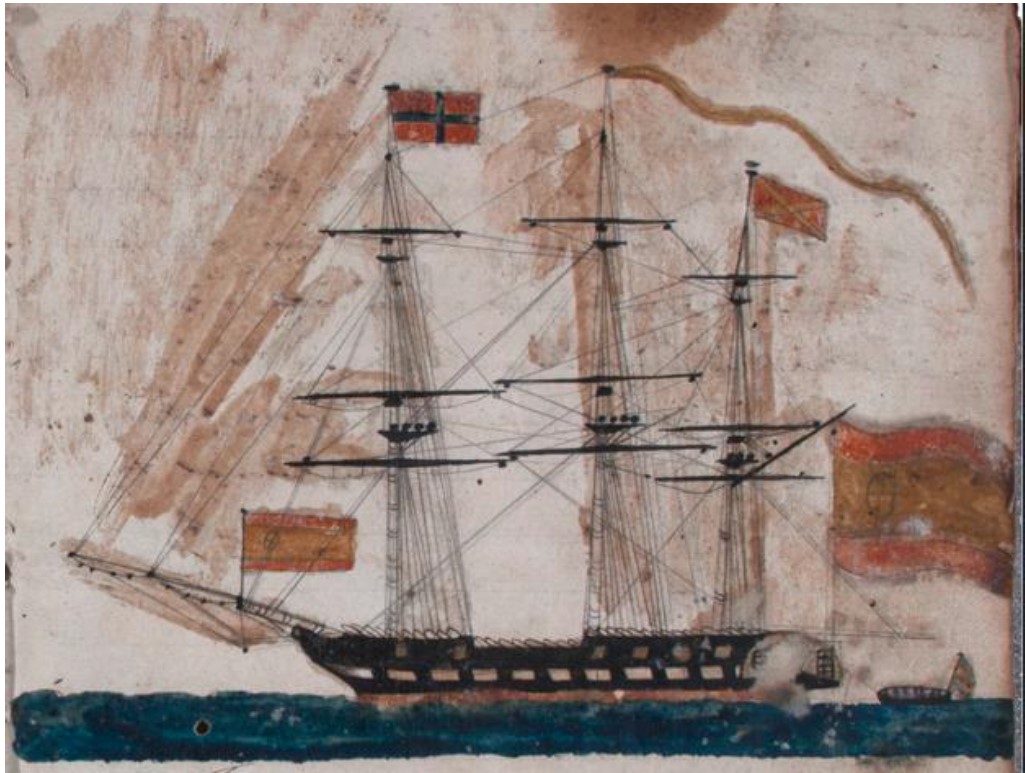 La Ferrolana fondeada en la bahía de Cádiz. 1849 Ramón L. Barreiro. Dibujo a lápiz y tinta