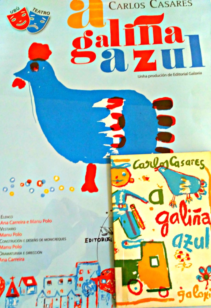 Cartel y portada del cuento A Gallina Azul