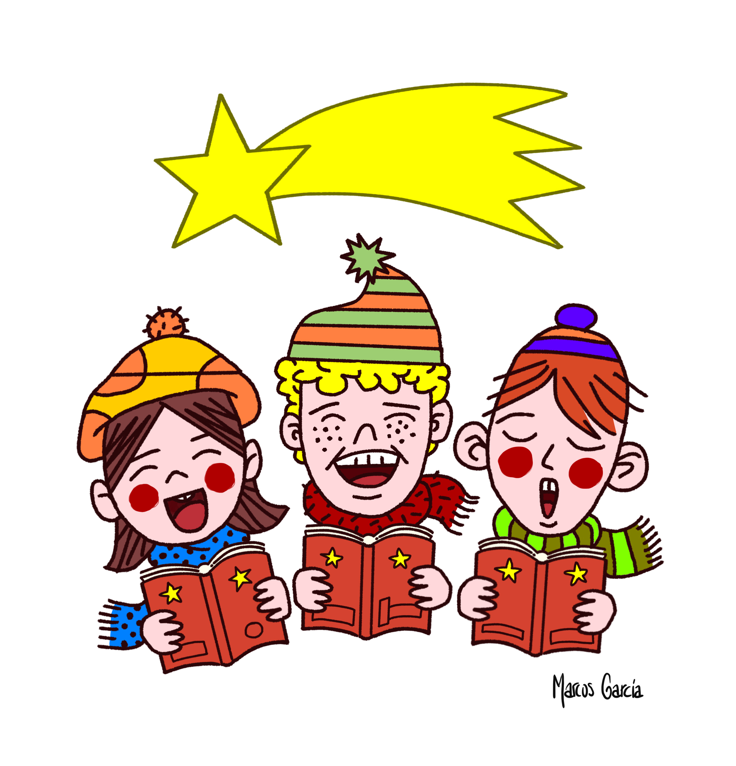 Dibujo gráfico. 3 niños cantando villancicos