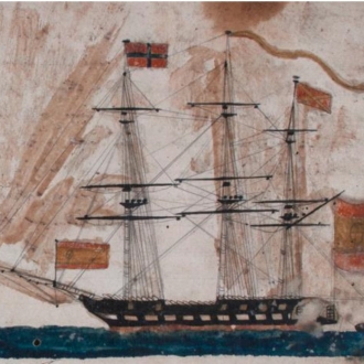La Ferrolana fondeada en la bahía de Cádiz. 1849 Ramón L. Barreiro. Dibujo a lápiz y tinta