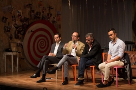 Anxo Lorenzo, secretario xeral de Cultura; Jacobo Sutil, director da Axencia Galega das Industrias Culturais (Agadic); Manuel Guede Oliva, responsable do CDG; e o portugués Pedro Penim, director escénico da montaxe, achegaron hoxe as claves desta iniciativa de intercambio teatral 