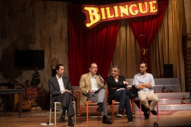 Anxo Lorenzo, secretario xeral de Cultura; Jacobo Sutil, director da Axencia Galega das Industrias Culturais (Agadic); Manuel Guede Oliva, responsable do CDG; e o portugués Pedro Penim, director escénico da montaxe, achegaron hoxe as claves desta iniciativa de intercambio teatral 